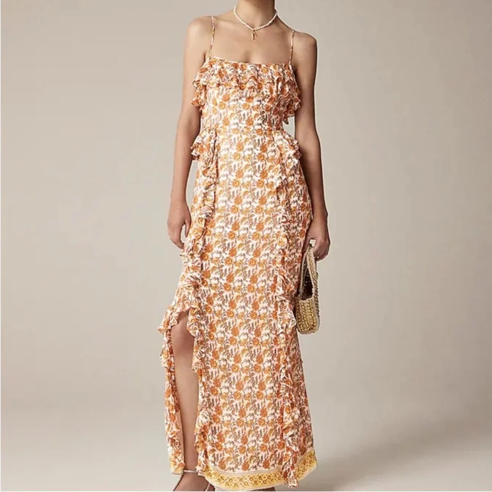 J. Crew Collection Cascading Ruffle Dress in Sunset Rose Block Print Chiffon